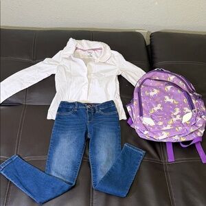French Toast White Blouse, Place Blue Jeans, and Purple Unicorn Backpack Set